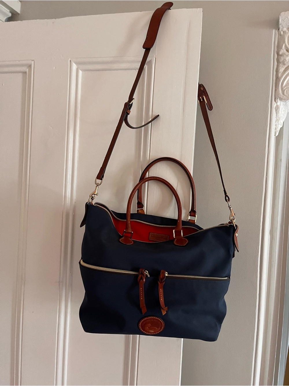 Dooney & Bourke Navy Blue Satchel with Brown Leather Trim